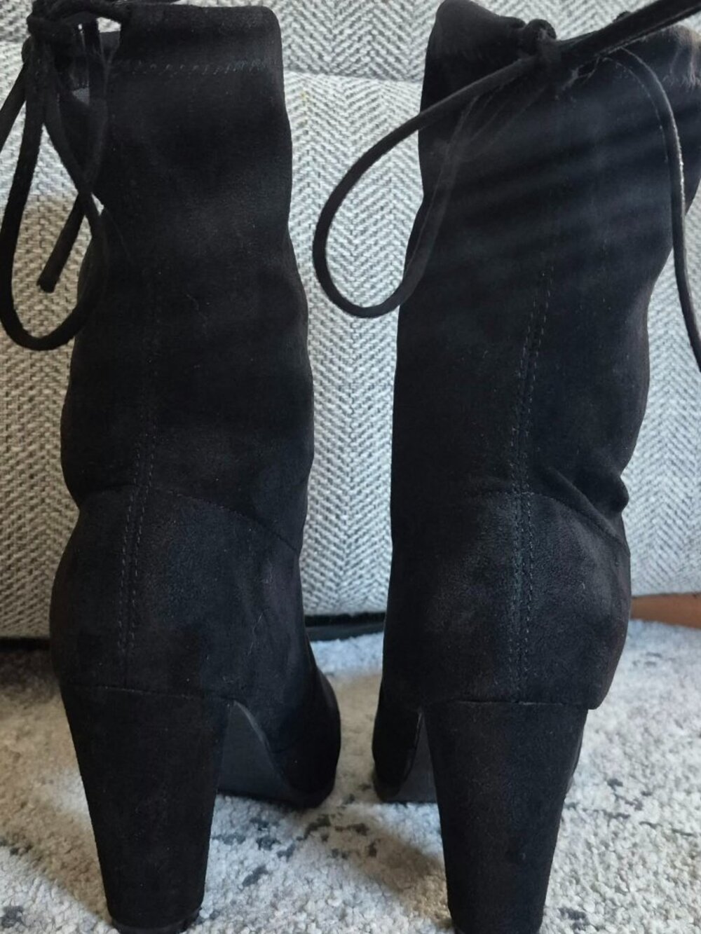BU Collection Black Faux Suede Stretch Sock Boots Tie Back Block Heel Women's 7